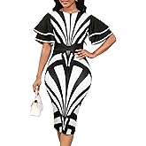 Women Sexy Dresses Bodycon Church 3/4 Sleeve African Print Pencil Party Office Dress Work with Split