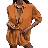 DEEP SELF 2 Piece Outfits for Women Summer Botton Down Long Sleeve Shirt and Shorts Set Pajamas Sets Tracksuit with Pockets
