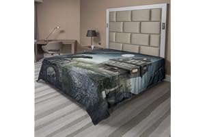 Ambesonne Halloween Flat Sheet, Digital Illustration of Hauted House with Yambostones Old Trees and Crows Print, Soft Comfortable Top Sheet Decorative Bedding 1 Piece, King Size, Dark Pine