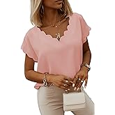 miduo Womens Scallop Trim Summer Fashion Solid Short Batwing Sleeve V Neck Blouses Tops