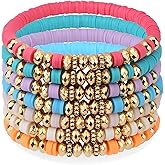 XIANNVXI 7pc Heishi Clay Bead Bracelets for Women Gold Plated Beaded Bohemian Stackable 6.8In Stretch Bracelets Elastic Layering Friendship Jewelry Boho Gift Set