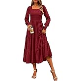 CFLONGE Women's Fall Dresses 2025 Puff Long Sleeve Square Neck Dress High Waist Smocked A-Line Flowy Wedding Party Maxi Dress