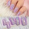 iBeautying Press on Nails - Metallic Mirror Purple Pink False Nails | Punk Metal Chrome Finish Short Reusable Fake Nails 24pcs Kit with Jelly Glue Pad