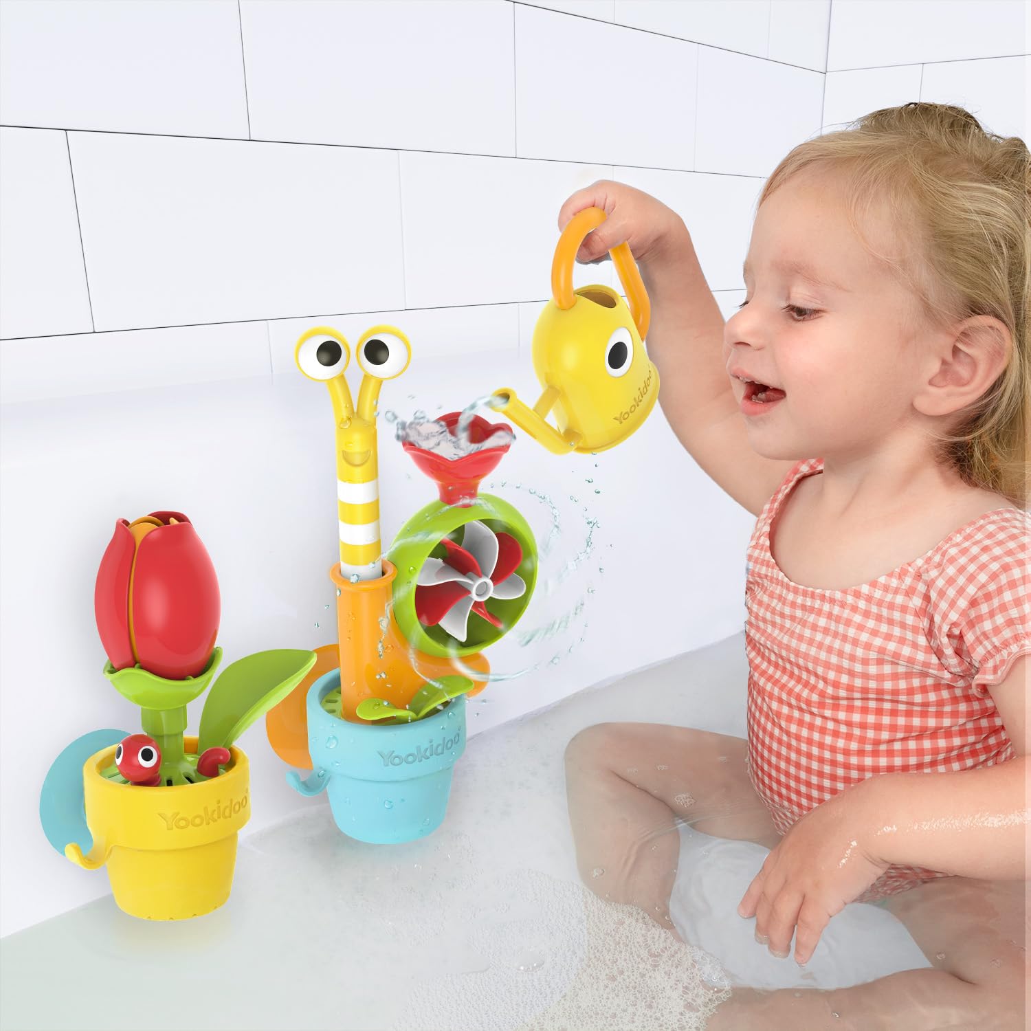 Yookidoo Toddler Baby Bath Toy (Ages 1-3) Garden Adventure Set Bundle: Snail & Flower with Watering Can (Mold Free) Attach to Any Tub or Shower Fun for Bath Time - Great for Boys , Girls , & Kids