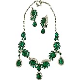Secret for Longevity Silver Tone Antique Art Deco Vintage Retro Style Flapper Gatsby Dark Green Hunter Emerald Rhinestone Statement Wedding Bridal Prom Necklace Earring Set