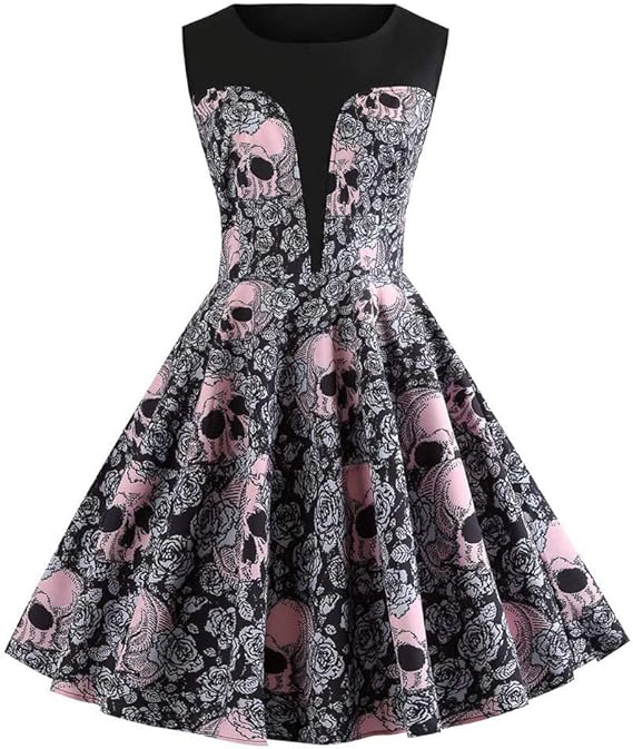 Gusspower Vestidos de Halloween, Sexy Vestido Las Mujeres de sin Manga Retro Encaje Vintage Impresiones de Fantasmas y Calaveras Faldas