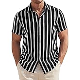 Runcati Mens Short Sleeve Striped Hawaiian Shirts Button Down Linen Beach Shirt Casual Summer Shirts