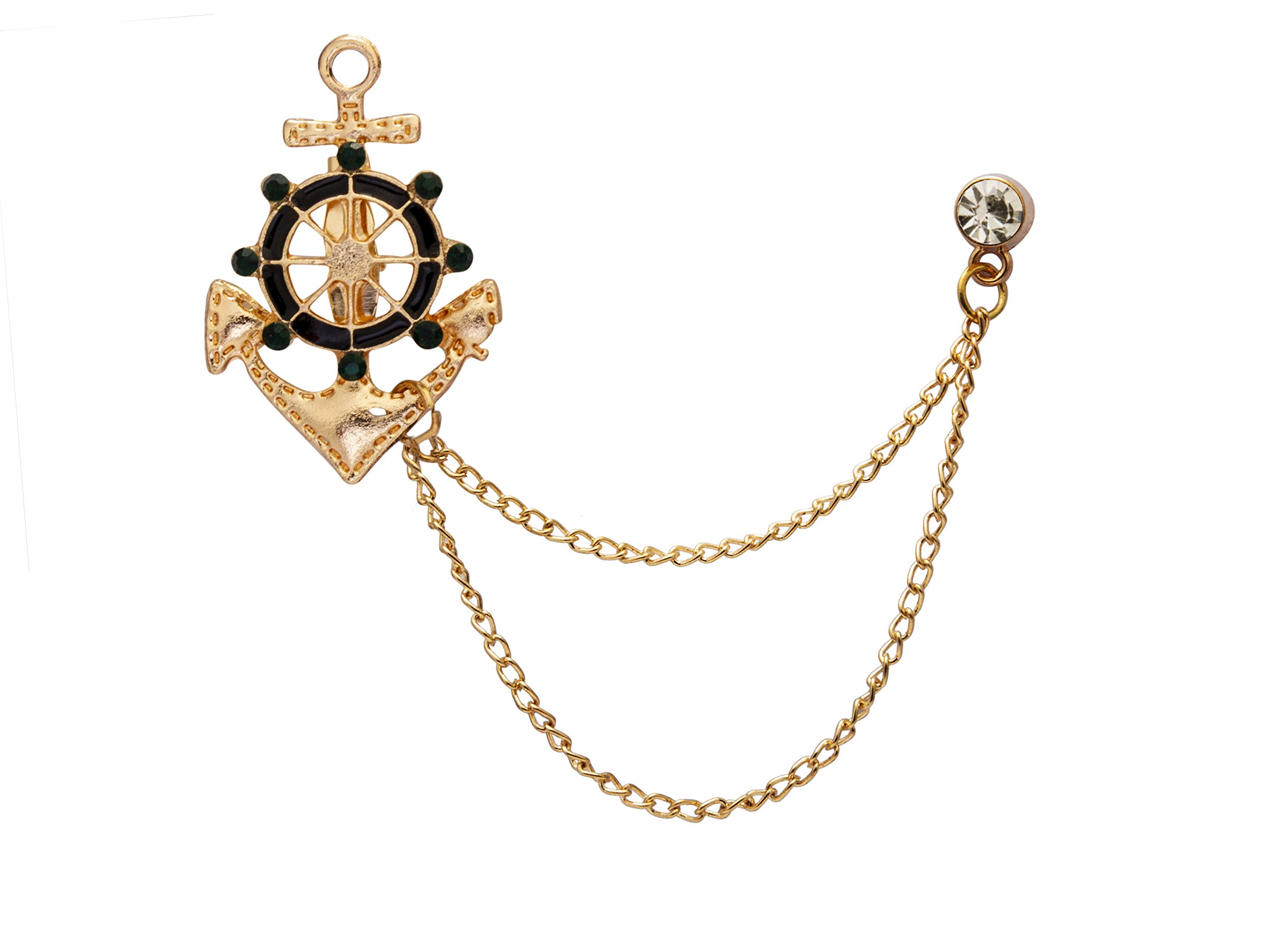 Brooch Lapel Pin for Men Golden Anchor Rudder Ships Wheel Nautical with Hanging Chain Lapel Pin Badge Coat Suit Wedding Gift Party Shirt Collar Accessories