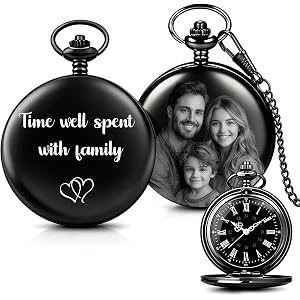 WBW Personalized Photo Pocket Watch with Engraved Text Icon, Vintage Black Double Sided Custom Picture Fob Watch, Memorial An