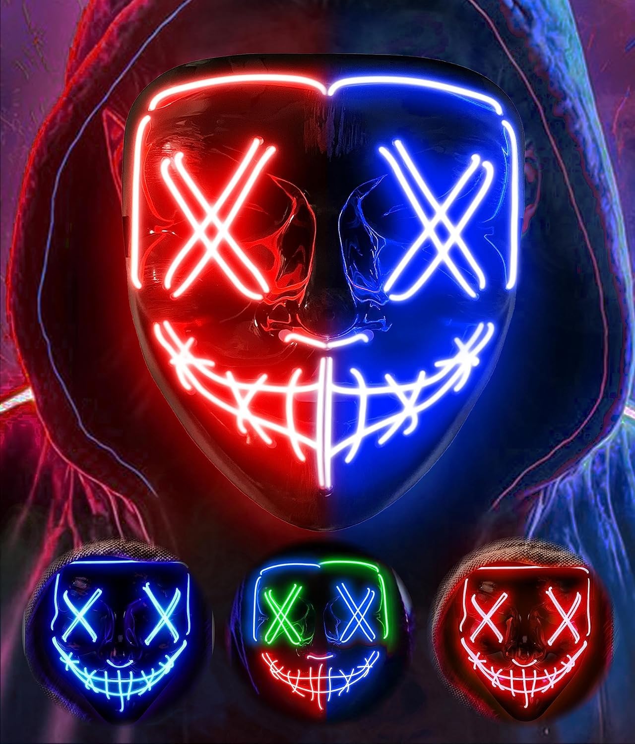 AnanBros Scary LED Halloween Mask, Light up Mask Cosplay, LED Rave Face Mask Costume 3 Lighting Modes, Halloween Face Masks for Men Women Kids - Blue Red Mixed