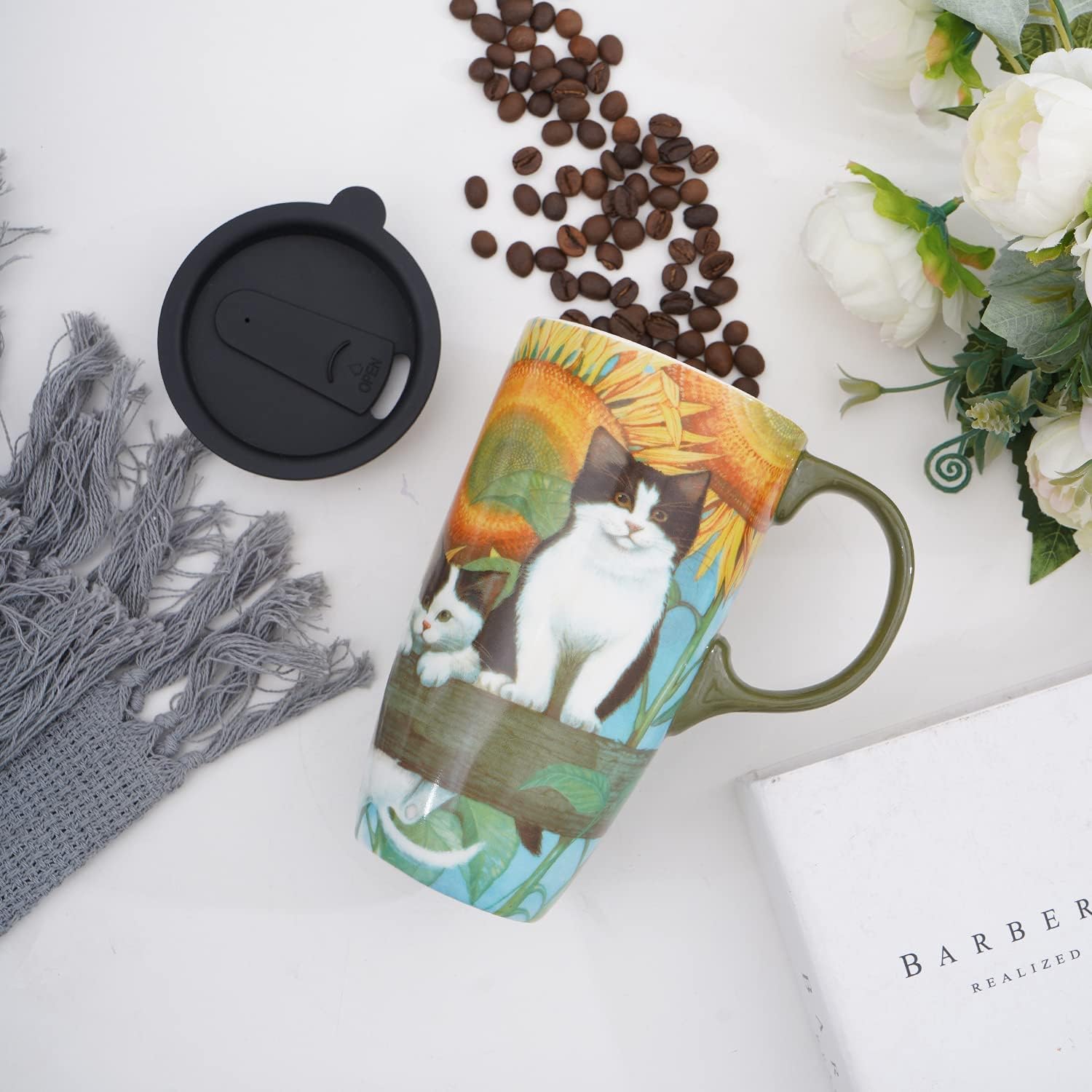 DUSVALLY Ceramic Mug Large Coffee Cup Tall Mugs Porcelain Latte Tea Cup with Lid 17oz Animal Mug,Cat