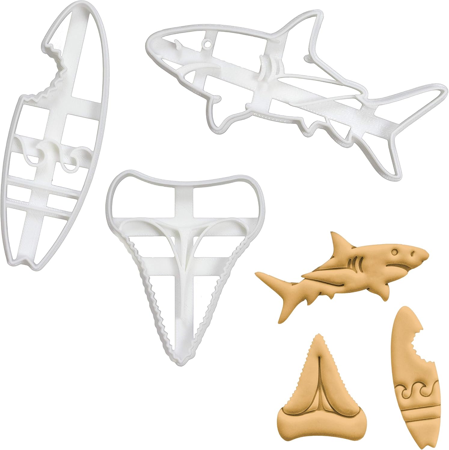 Set of 3 Shark Attack theme cookie cutters (Designs: Great White Shark, Shark Tooth and Bitten Surfboard), 3 pieces - Bakerlogy