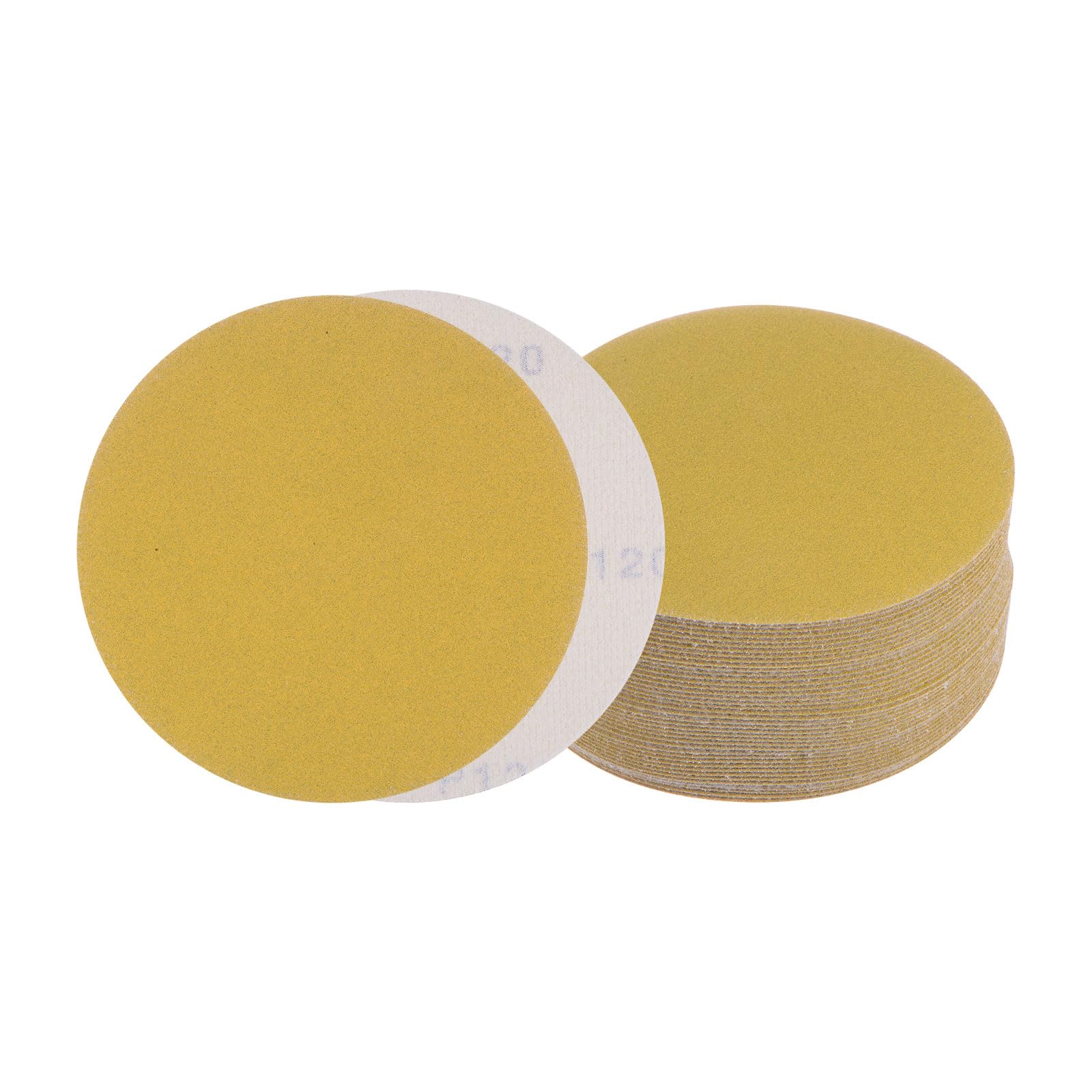 Kozelo 50pcs No Hole Sanding Discs- [ 6 Inch 120 Grit ] Round Hook and Loop Grip Sanding Pads Sandpaper for Automotive Woodworking Metal Polishing Use| Gold, Aluminum Oxide
