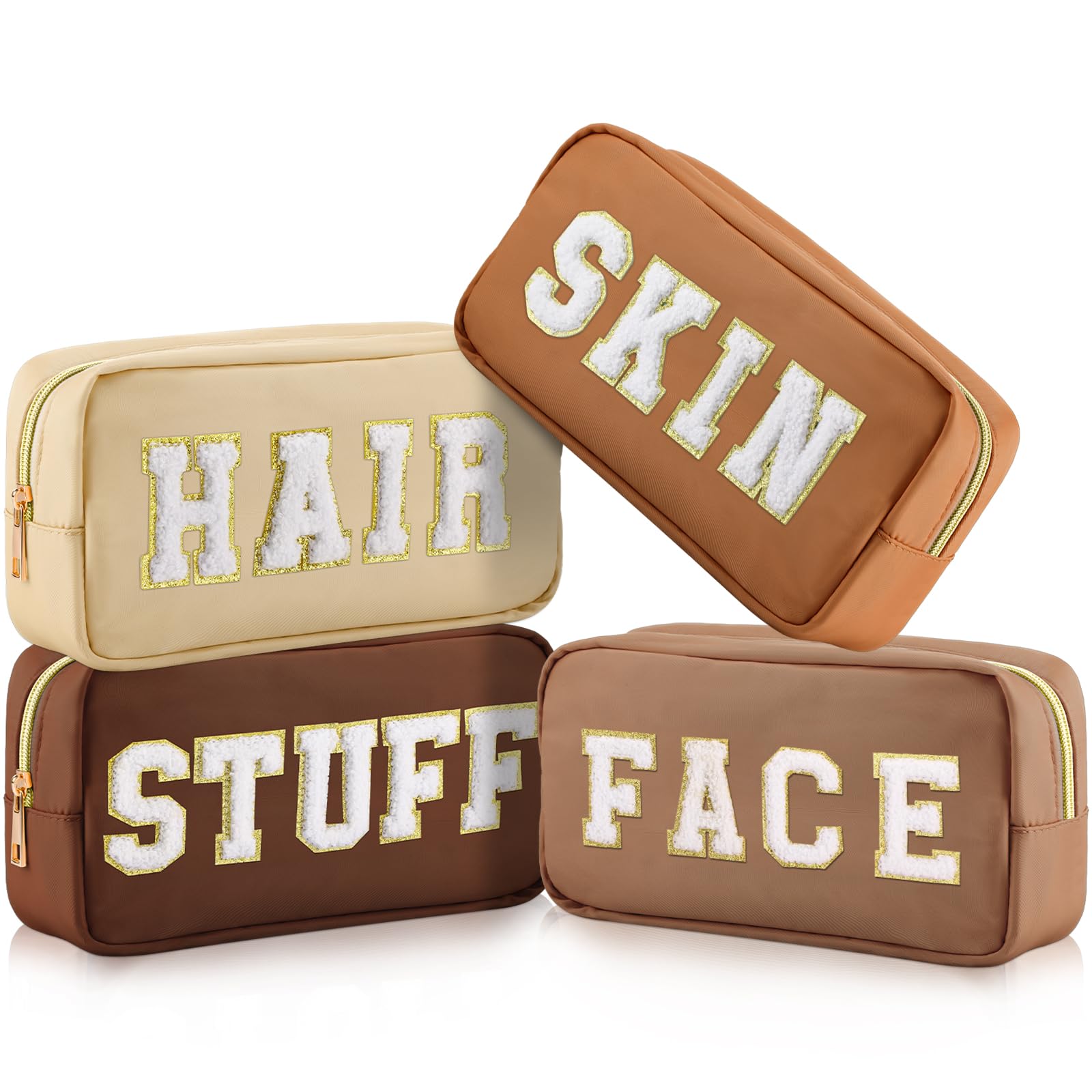 Photo 1 of **INCOMPLETE** Cunno 3Pcs Preppy Makeup Bags Chenille Letter Stuff Bag Nylon Cosmetic Pouch Cases with Zipper for Women Travel Toiletry(Brown Set,Vivid)