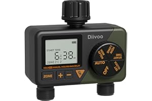 Sprinkler Timer 2 zone, Diivoo Programmable Hose Timer 2 Outlet for Garden, Automatic Irrigation Timer IP54 with Rain Delay/M
