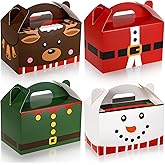 Clabby 24 Pcs Christmas Treat Boxes with Handles 3D Christmas Cookie Gift Boxes Cardboard Goodie Candy Bags Xmas Santa Elf Snowman Elk Gingerbread Holiday Party Favor Supplies, 4 Design(Cute Style)