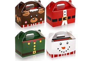 Clabby 24 Pcs Christmas Treat Boxes with Handles 3D Christmas Cookie Gift Boxes Cardboard Goodie Candy Bags Xmas Santa Elf Snowman Elk Gingerbread Holiday Party Favor Supplies, 4 Design(Cute Style)