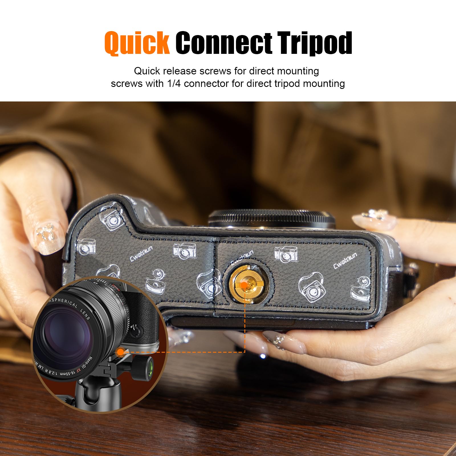 Cwatcun Leather Camera Half Case Compatible with Fujifilm X-T30 II, Vintage Pattern Style Leather Half Case with Magnetic Battery Access, Black