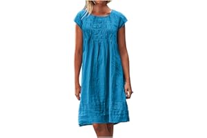 MAMIDAY Linen Dress for Women Pleated Summer Dresses Round Neck Short Sleeve Sundress Beach Vacation Casual Mini Dress 2024