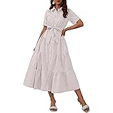 ebossy Women's Boho Striped Shirt Dress Button Down Belted Flowy Ruffles Loose A Line Maxi Long Dress with Pockets