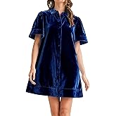 Meyhad Women's Velvet Shirt Dress Lapel Button Down Short Puff Sleeve Mini Dresses Fall Winter Dress with Pockets (1026-RoyalBlue-XL)