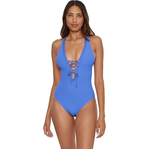 Gottex Costume Intero Donna Bella Rosa Blu Floreale Con Scollo Allacciato E Arricciature Laterali – Morbide Coppe Rimovibili - 2