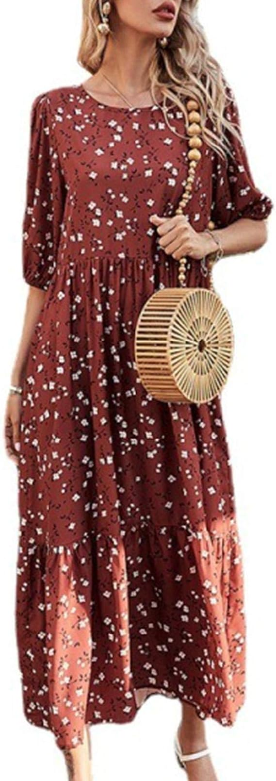 honuansortory Women Summer Tunic Dress Long Sleeves V Neck Casual Loose