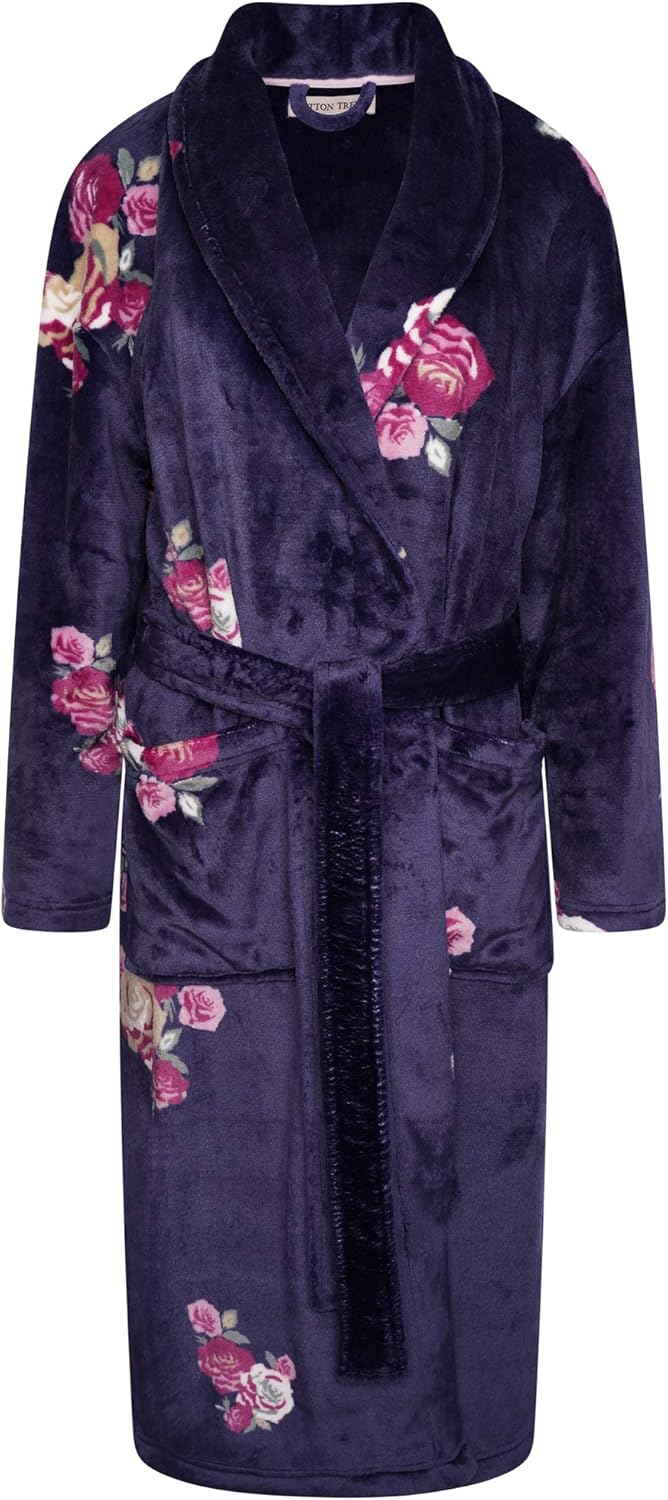 Cotton Trend Navy Blue Floral Ladies Dressing Gown Shawl Collar Full