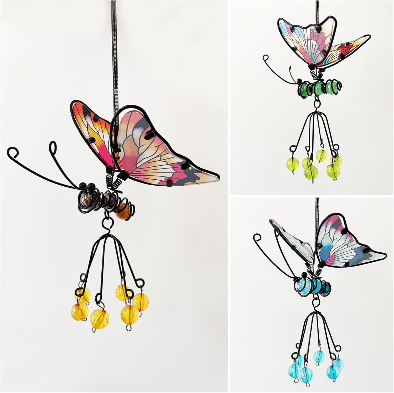 Plaques & Wall Art - Flying Butterfly Metal and Glass Bouncy Hanging Decoration, Outdoor Butterfly Garden Yard Wall Art Planter Decor and Window Ornament, Set of 3