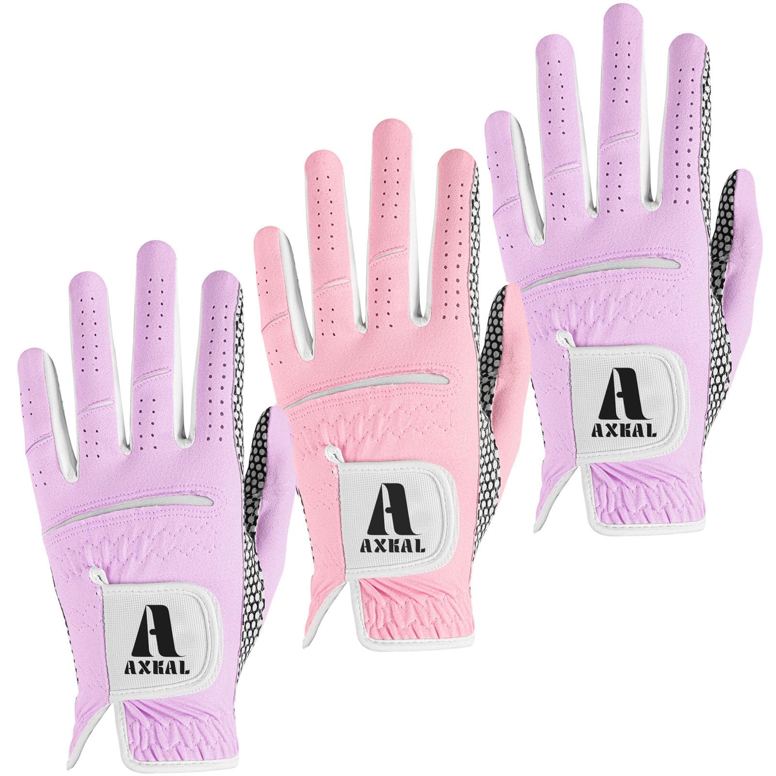 AXKAL Lady Golf Gloves Left Hand Women Ladies All Weather Weathersof Grip Fashion Printing Color Value 3 Pack, Golf Glove Womens Soft Breathable Performance for Golfing (Colorful, M, Left)