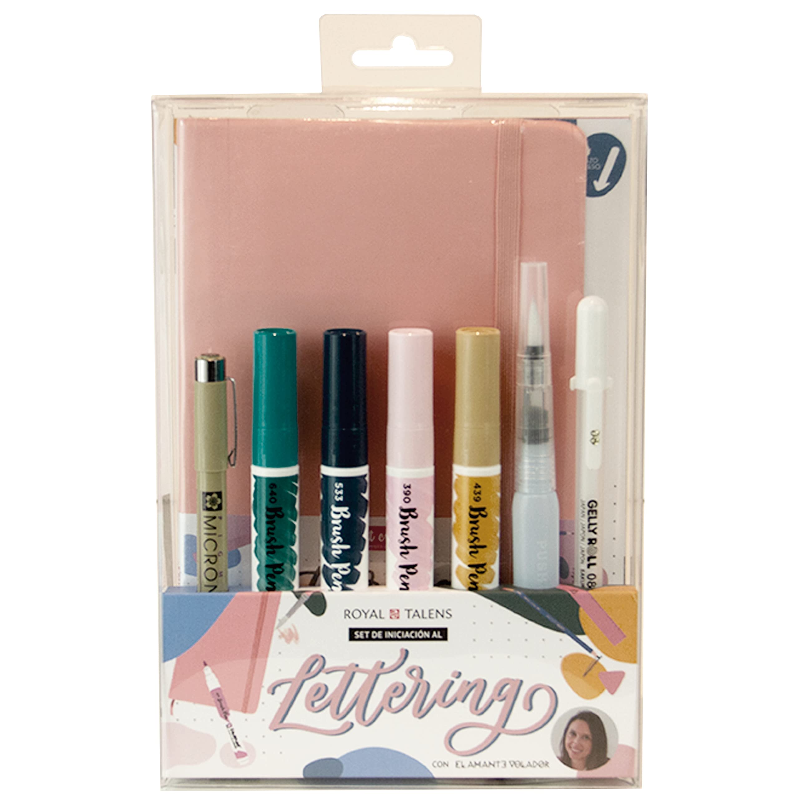 Talens Lettering Starter Set (Pink) with The Flying Lover, Lettering Notebook, Palette Mixes, Waterbrush, Point, Gel Pen, Ecoline Brush Pen, Lettering Guide, Step-by-Step Booklet