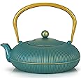Jotsport Green Cast Iron Teapot Large Capacity 40oz/1200ml with Infuser for Loose Leaf Stovetop Safe Vertical Stripe Flat Tea Kettle, Enameled Interior