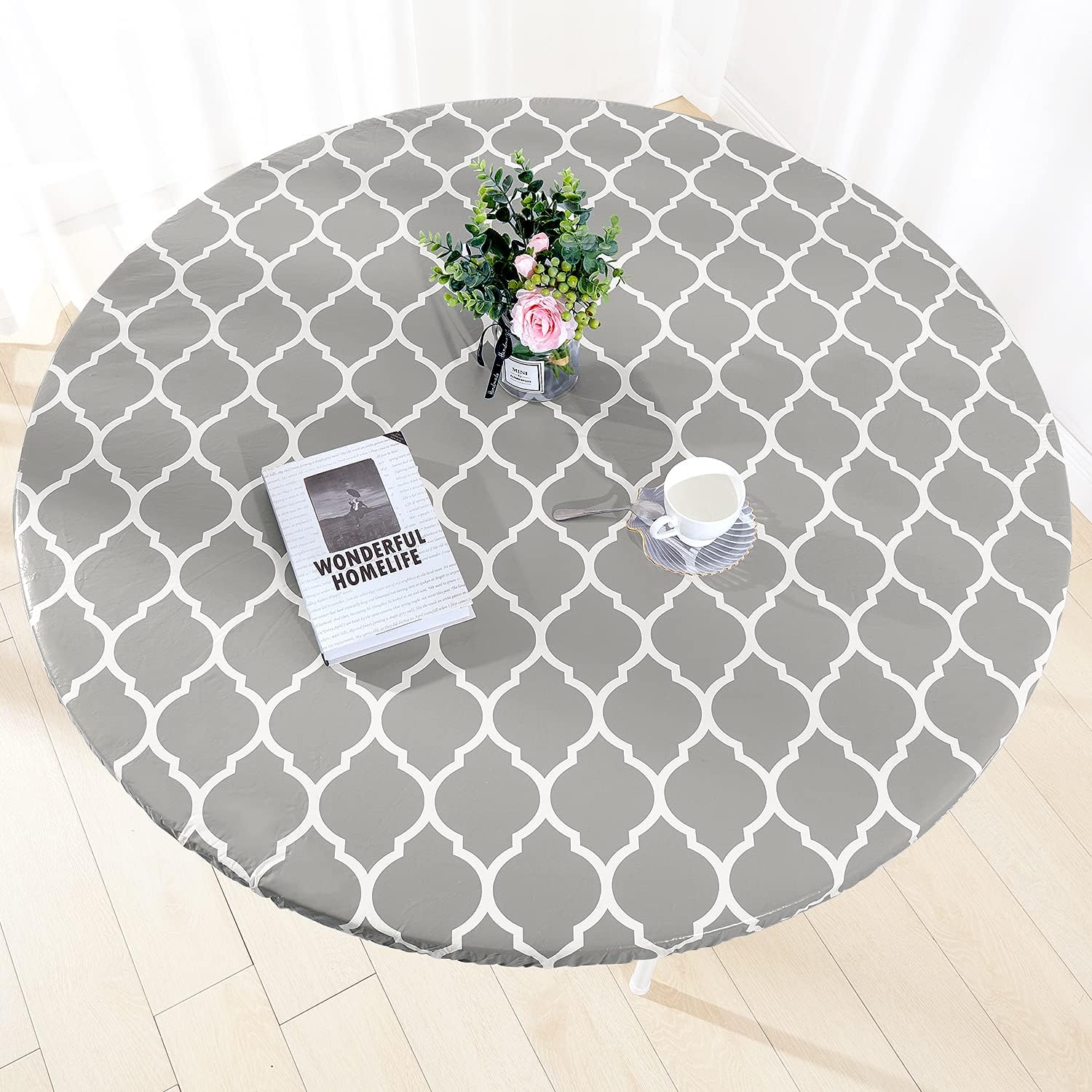 Heavy Duty Vinyl Round Fitted Tablecloth, Gray Moroccan Design, Spillproof Waterproof Elastic Table Cover with Flannel Backed Lining, Fits 45" to 56" Round Table, for Indoor/Outdoor Use : Garden & Outdoor