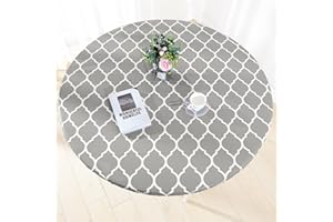 Zhuqing Heavy Duty Vinyl Round Fitted Tablecloth, Gray Moroccan Design, Spillproof Waterproof Elastic Table Cover with Flannel Backed Lining, Fits 40" to 44" Round Table，for Indoor/Outdoor Use