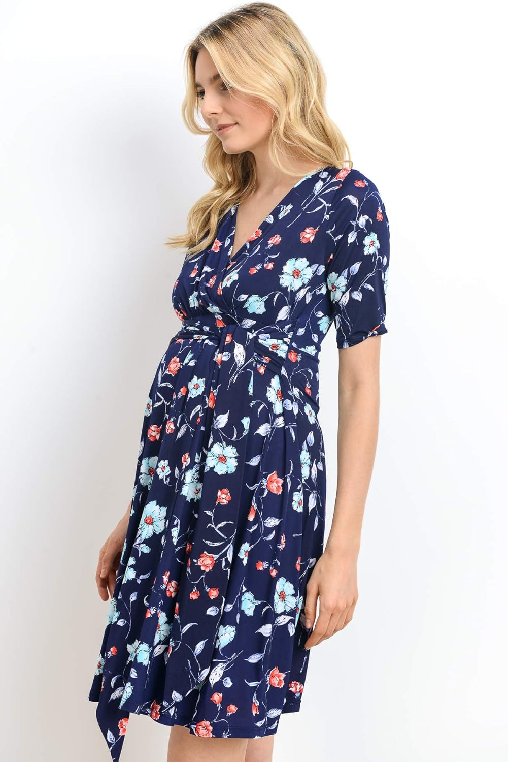 Hello MIZ Flower Print V-Neck 3/4 Sleeve Baby Shower Front Tie Wrap Maternity Dress at  Women’s Clothing store