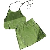 MakeMeChic Women's 2 Piece Outfit Y2K Halter Tie Backless Crop Tops and Mini Skirt Matching Set Green X-Small