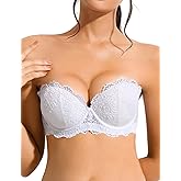 Amafuur Push Up Strapless Bra with Clear Straps Heavily Padded Add 2 Cup Multiway Sexy Lace Balconette White,32C