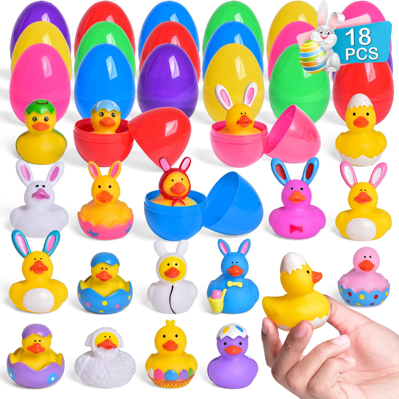 18 Pcs Prefilled Easter Eggs with Rubber Duck Toys for Kids, Bright Colorful Easter Eggs Filled with Assorted Bunny Rabbit Duckies for Fun Bath Toys, Easter Basket Stuffers and Party Favors