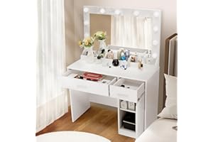 LIKEIN Vanity Desk with Mirror and Lights - 36'' White Makeup Vanity with Lighted Mirror & Power Strip, Bedroom Dressing Table with 2 Drawers & Cabinet Set for Girls Women, 3 Color Mode Adjustable