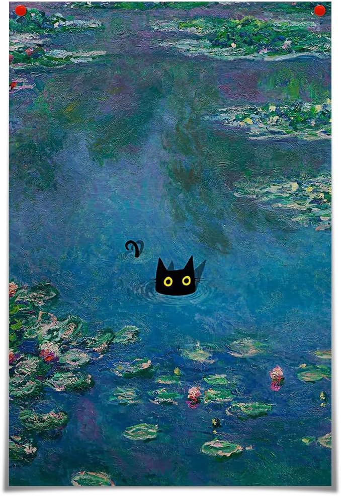 Wall Décor - Vintage Monet Canvas Wall Art Famous Oil Paintings Monets Water Lillies Black Cat Poster Funny Cat Floral Print Abstract Farmhouse Gallery Aesthetic Room Decor for Bedroom Bathroom 12x16in Unframed