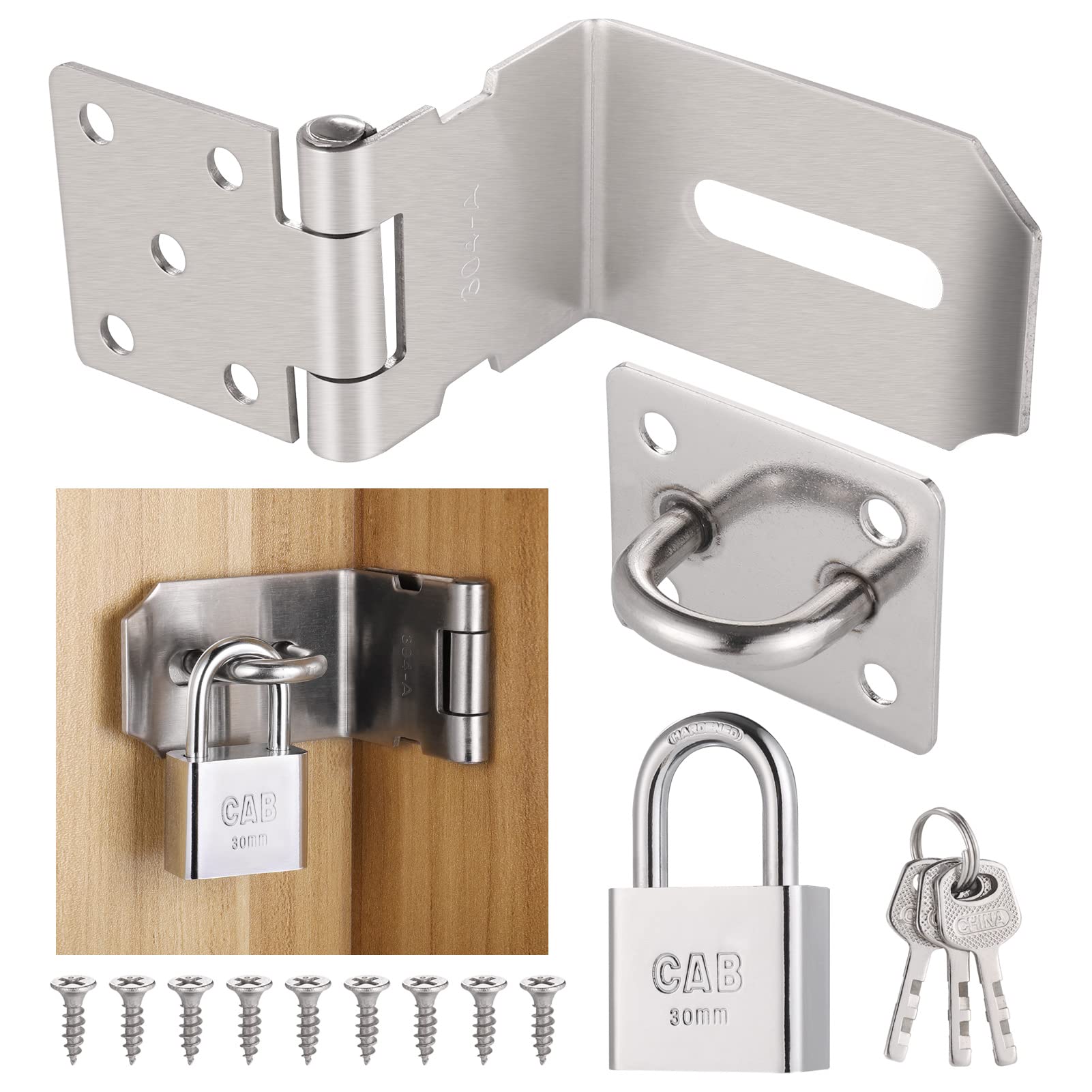 Door Hasp and Staple with Padlock, 90-Degree Door Lock with Keys and Screws, Stainless Steel Garden Gate Lock, Bedroom Door Lock Extra Security, Gate Lock for Shed Door Wooden Gate Storage Box
