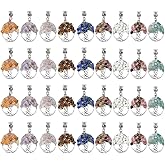 SUPERFINDINGS 36Pcs 9 Colors Tree of Life Charms European Dangle Charms Gemstone Charm Alloy Large Hole Pendants Crystal Quartz Chakra Pendants Oval Mixed Stone Chip Pendant for Jewelry Making,4.2cm