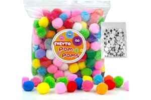 FKEYTO [300 pcs] -200 Pieces 1 Inch Assorted Colored Pompoms with 100pieces Wiggle Eyes , Fuzzy Pompom Puff Balls for DIY Arts, Crafts Projects, Home Decorations