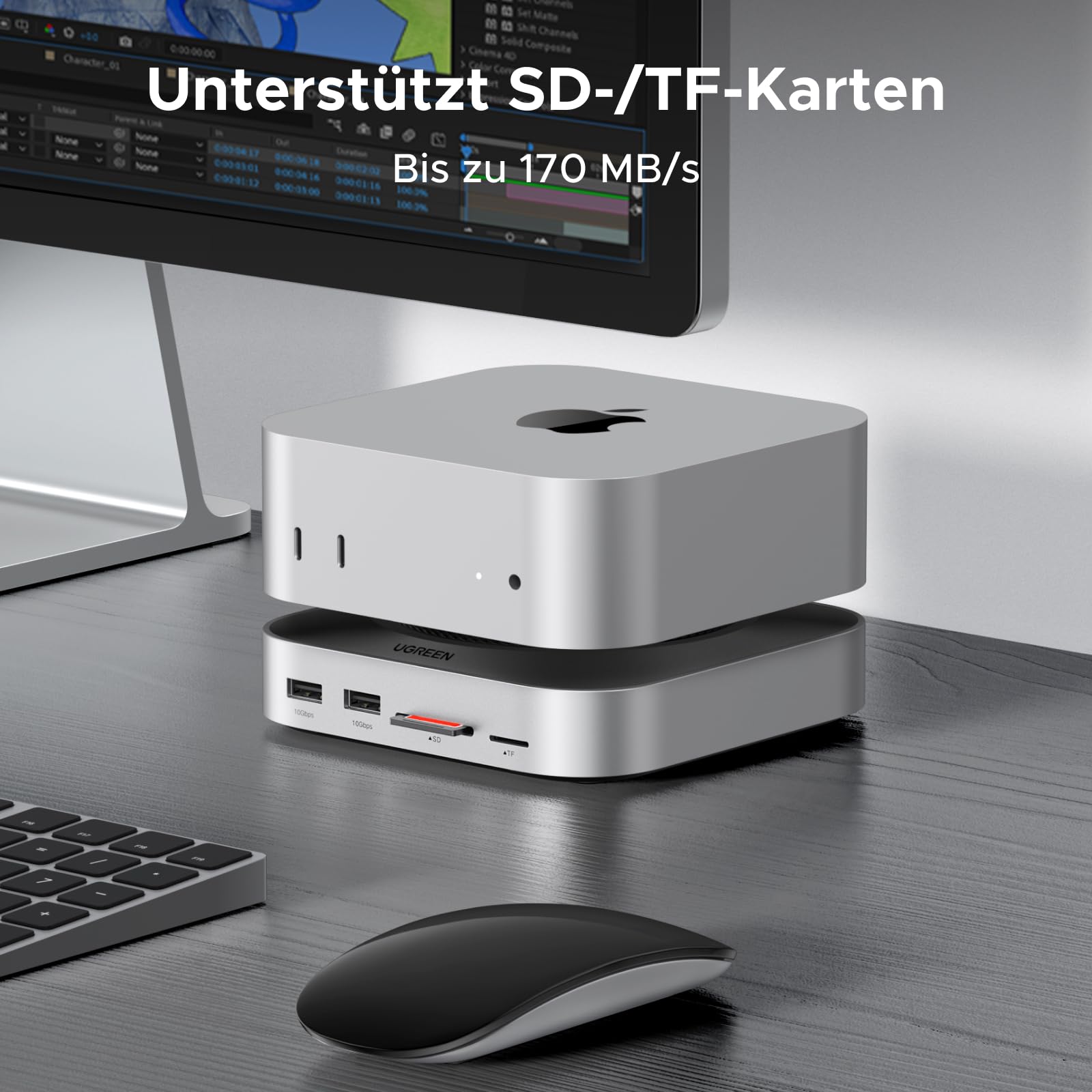 UGREEN Mac mini M4 Dock mit DisplayPort(4K@240Hz max.) für Dual-Monitor-Setups, 10Gbps USB-Anschlüssen, 8TB M.2 NVMe SSD-Slot, SD/TF-Kartenleser & 3,5mm Audio Kompatibel mit Mac mini M4/M4 Pro 9