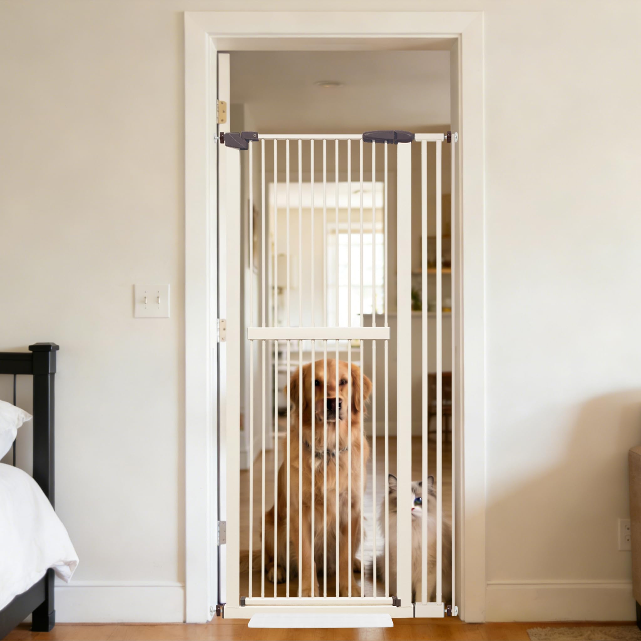 Photo 1 of Lumizone Extra Tall Cat Gate 61.02" High Pressure Mounted Extra Wide 34.06"-38.38" (17Sizes) 1.37" Gap No Drilling Auto-Close Tall Pet Gate for Dogs (Cream, 34.06"-38.38" W)