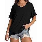 WIHOLL Womens Oversized Tshirts Summer Tops 2025 Short Sleeve V Neck Shirts Outfits Plus Size Clothes