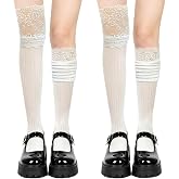 Cityelf 2 Pairs Knee High Lace Socks for Women Cotton Lace Trim Boot Sock