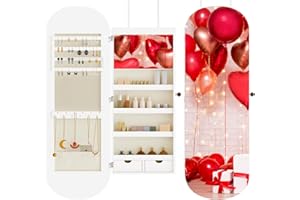 BTDWI 44'' Full Length Mirror Jewelry Cabinet, Lockable Wall-Mount or Door Hanging Jewelry Armoire with Interior Led Mirror & Storage Shelf, White