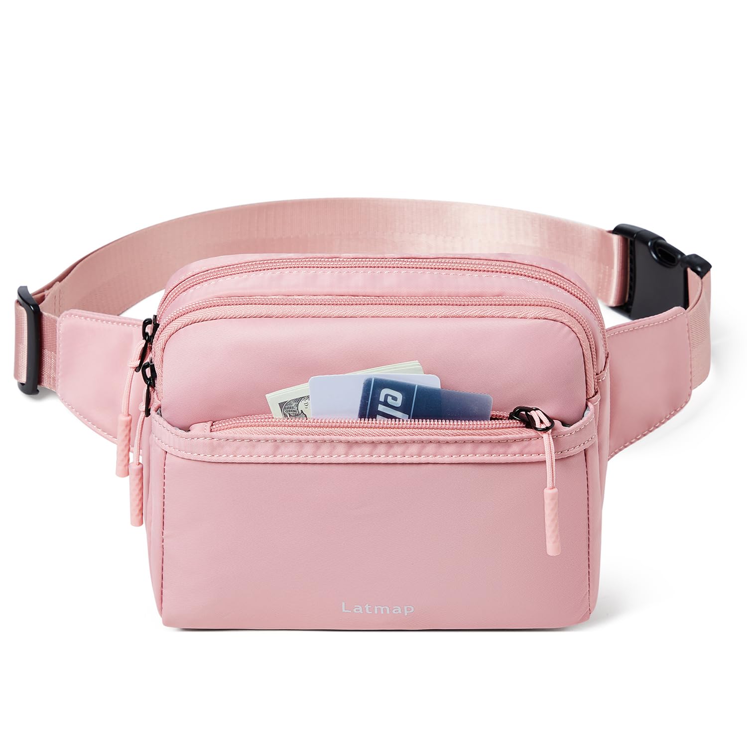 LATMAP 3L Fanny Packs for Women Men Fashion Waist Packs Belt Bag with 4-Zipper Pockets Crossbody Bag Easy Carry Wallet Purse for Travel Sports, Pink