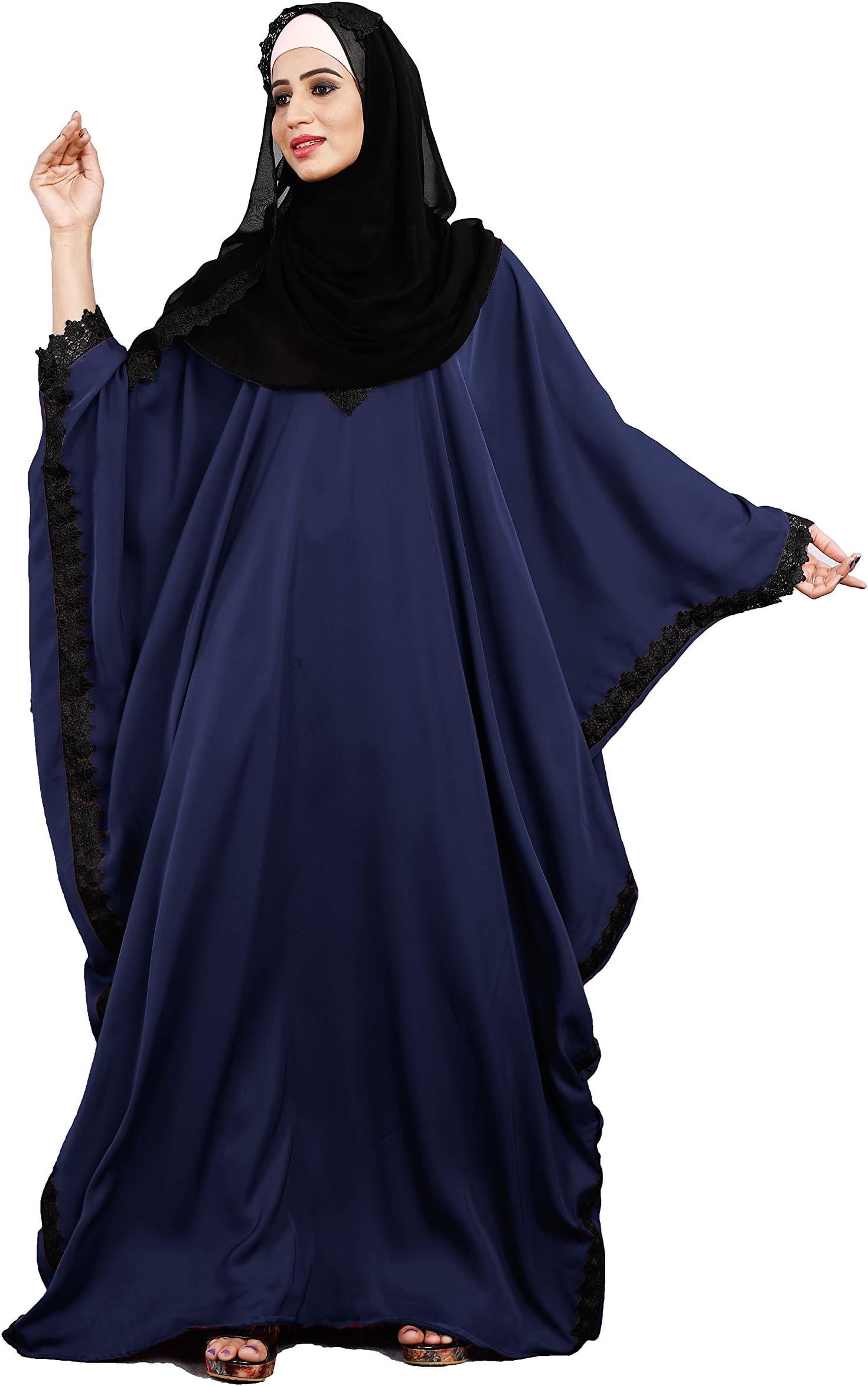 Justkartit Women's Plain Nida Abaya wth Lace Work and Hijab (Navy Blue, Free Size)